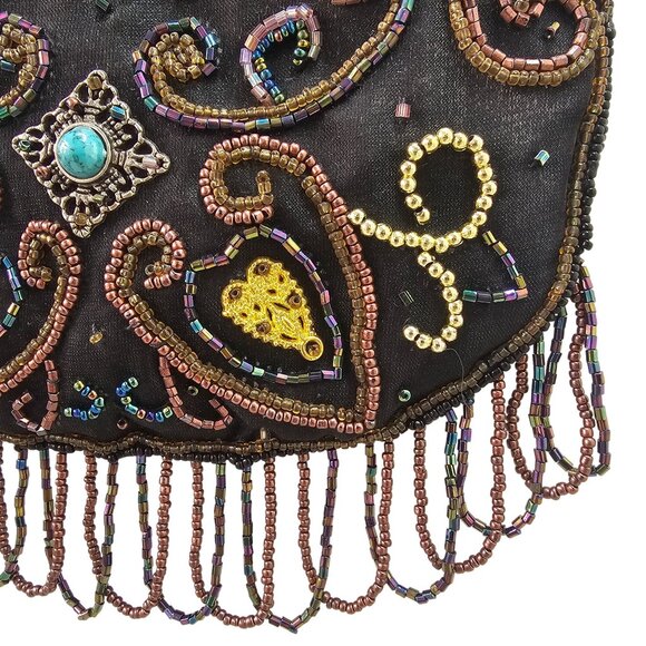 80s Jessica McClintock Fringe Beaded X-Body Bag Multicolor on Brown Zip Close - Picture 2 of 10